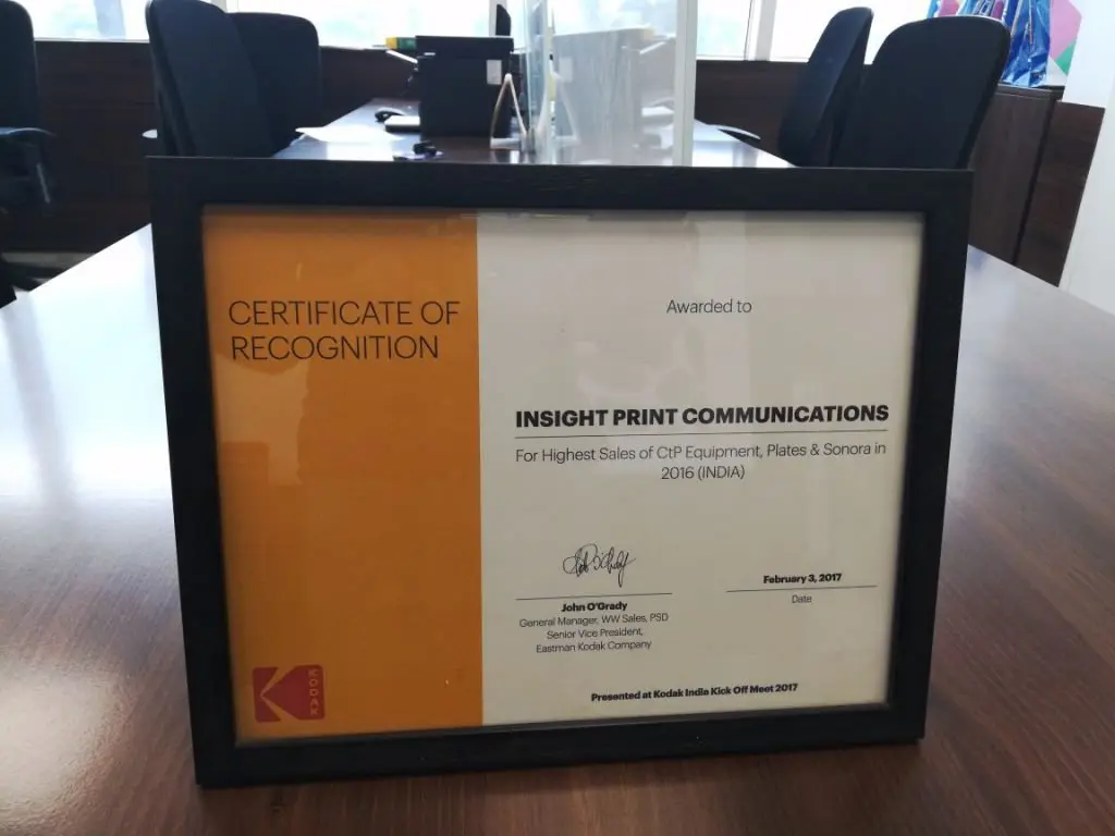 Kodak Certificate of recognition 2016